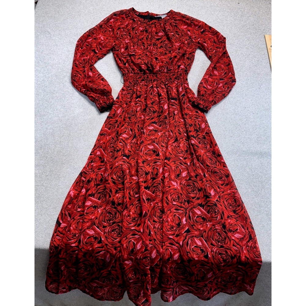 Lark + Grey Maxi Dress S Red Black Rose Dark Floral Long Sleeve Smocked Waist